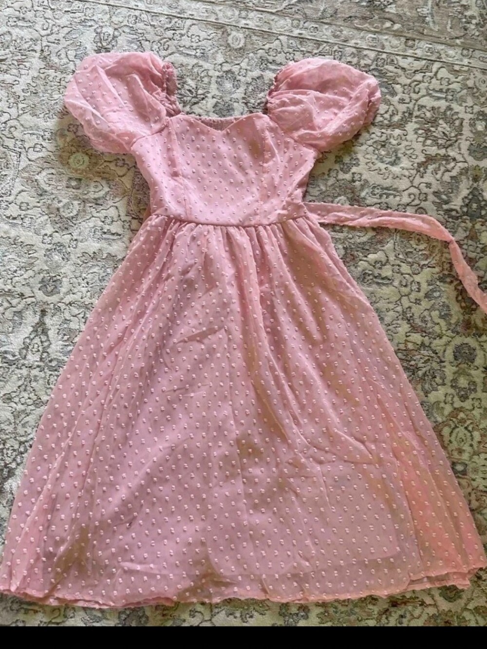 Sweetheart Neckline Pink Swiss Dot Midi Dress - Picture 5 of 7